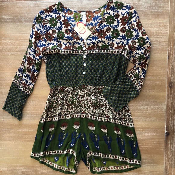 RAGA | Bohemian Mixed Paisley Print Henley Romper Green Brown Mix, XS NWT - Picture 3 of 5